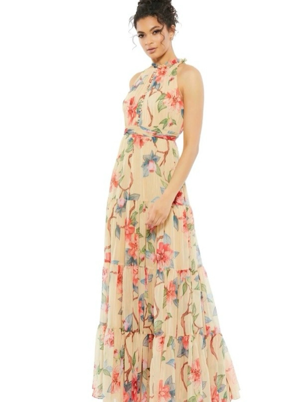 NWT Ieena Mac Duggal Floral Tiered Halter Maxi Dress in Cream 2